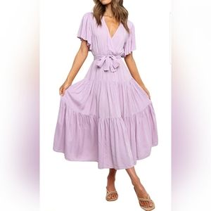 V Neck Casual Flowy Midi Dress